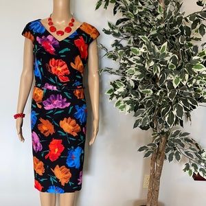 David Meister Black Floral Print Dress